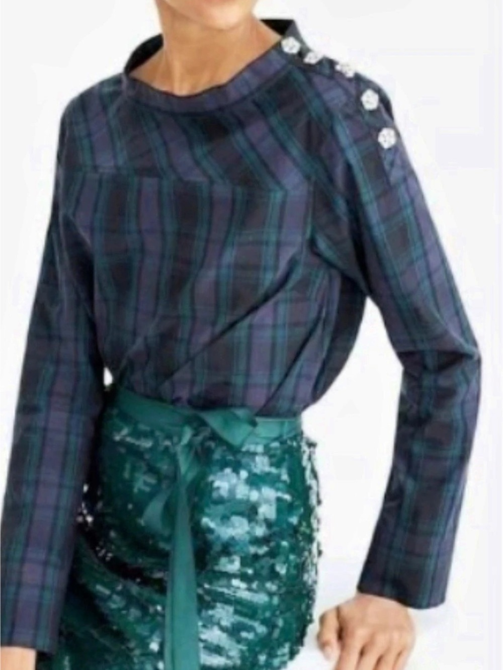 J.Crew Blackwatch Plaid Jeweled Funnel Neck Top Size 10 P